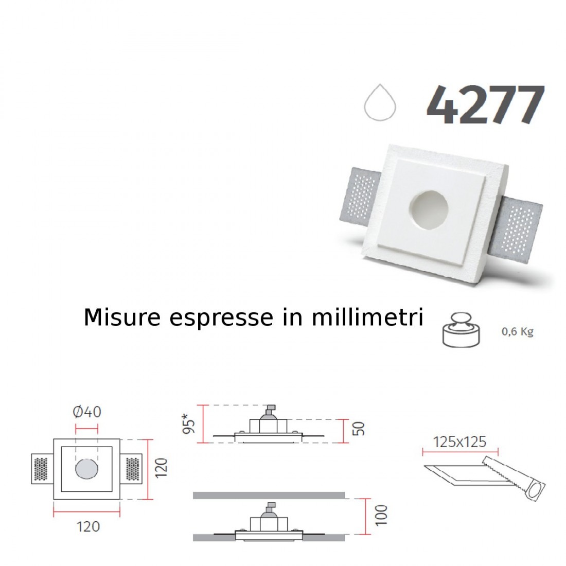 Faretto incasso BF-4277 GU10 LED gesso  bianco verniciabile quadrato cartongesso muratura interno IP20 IP44