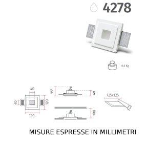 Spot encastré BF-4278 GU10 LED plâtre blanc à peindre plaque de plâtre carrée maçonnerie interne IP20 IP44