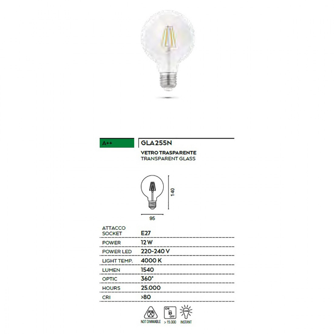 GE-GLA255N 12W E27 Ampoule LED 1540LM 4000 ° K sphère en verre globe transparent