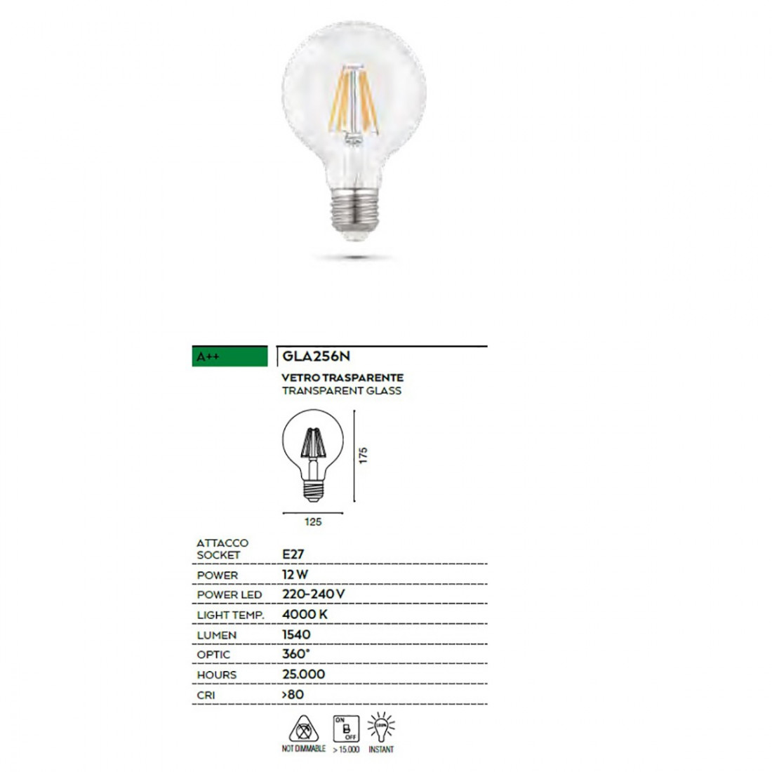 Lampadina GE-GLA256N 12W E27 LED 1540LM 4000°K vetro sfera globo trasparente