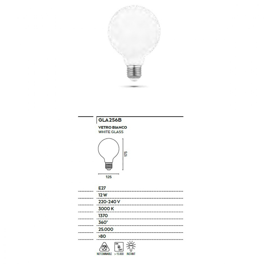 Lampadina GE-GLA256B 12W E27 LED 1370LM 12.5CM 3000°K vetro sfera globo bianco