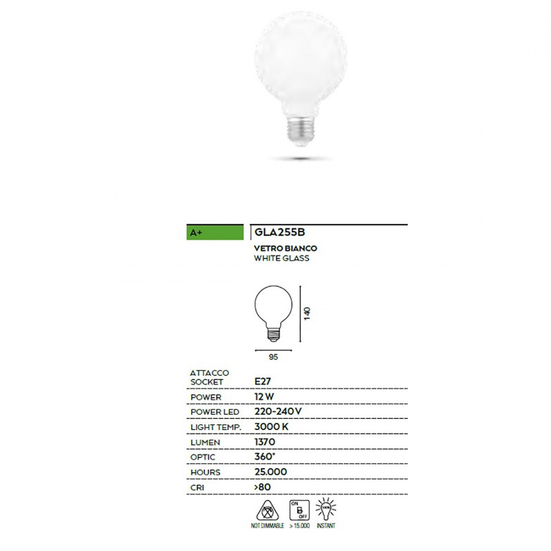 Lampadina GE-GLA255B 12W E27 LED 1540LM 4000°K vetro sfera globo trasparente