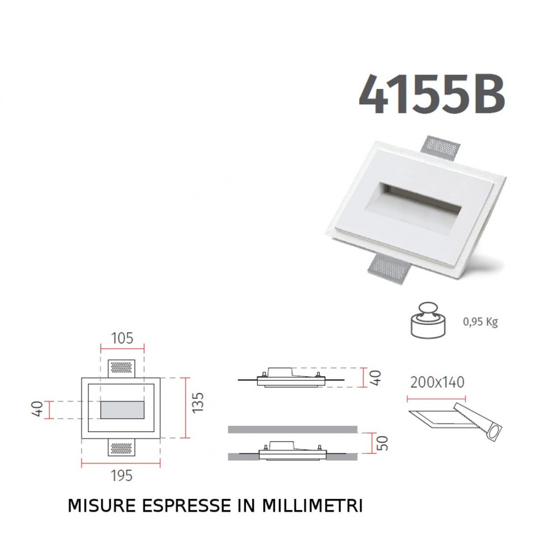 Faretto incasso BF-RETTA 4155B 2.2W LED 200LM WIRELESS gesso bianco segnapasso cartongesso muro interno IP20