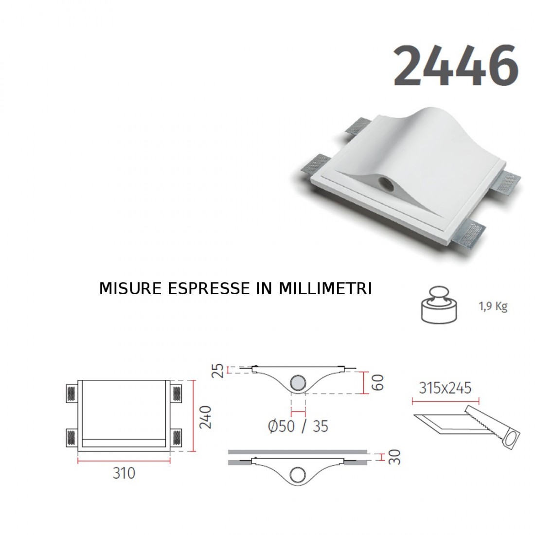 Applique incasso BF-2446 GU5.3 GU4 LED 12V gesso bianco biemissione verniciabile parete cartongesso muro interno IP20