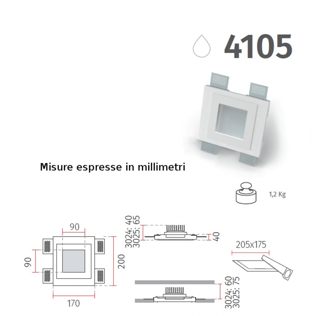 Spot encastré BF-4105 3025 16W LED IP44 2200LM WIRELESS plafond carré mur plâtre plaque de plâtre maçonnerie interne