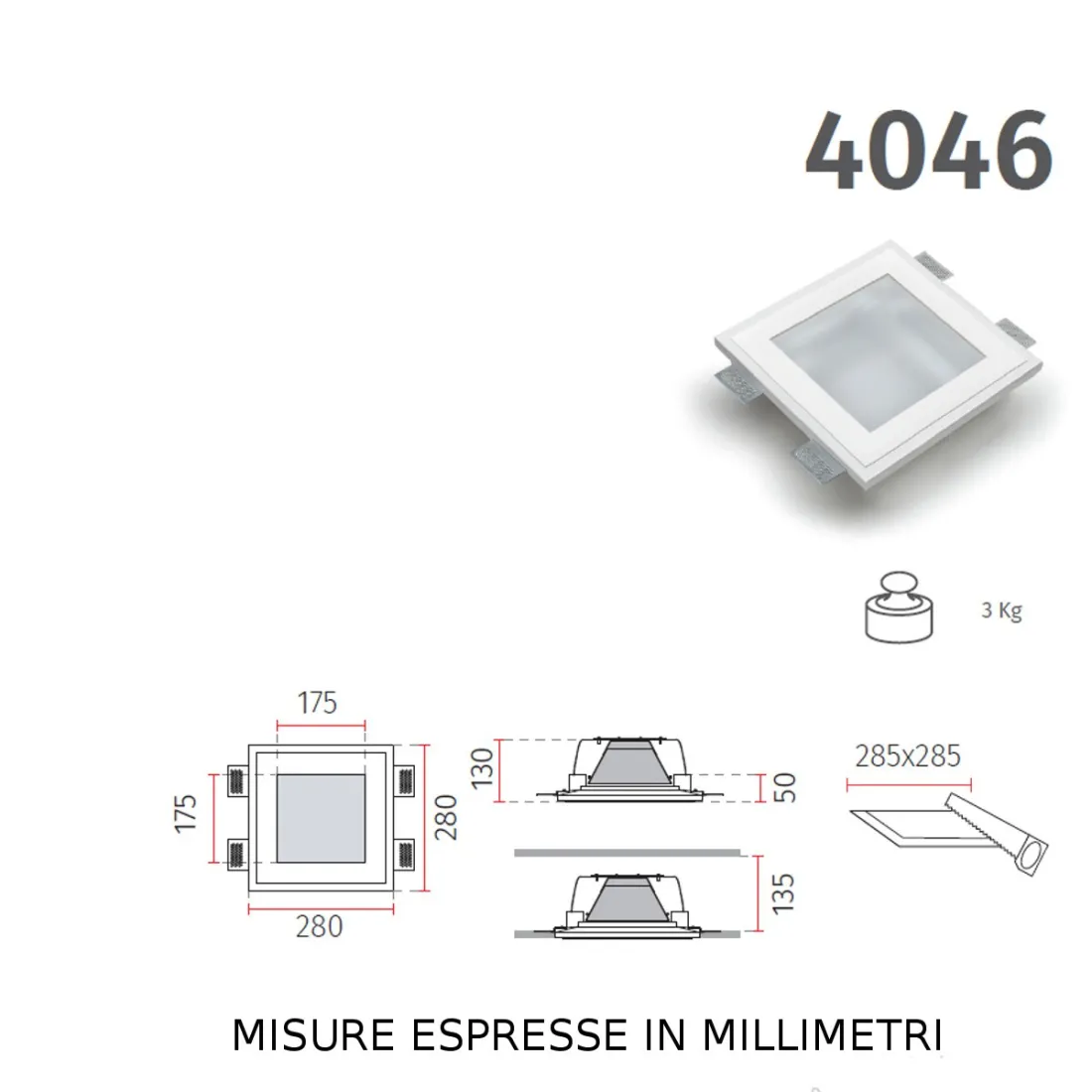 Faretto incasso BF-4046 3025 LED 16W 2200LM WIRELESS quadrato gesso soffitto parete cartongesso interno IP20