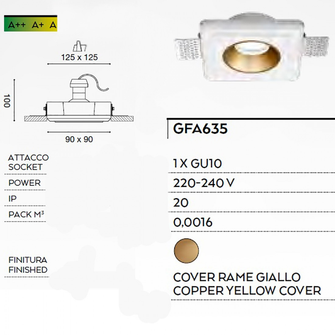 Spot encastré GE-GFA635 GU10 LED IP20 classique plâtre jaune cuivre rond plafonnier intérieur plaque de plâtre