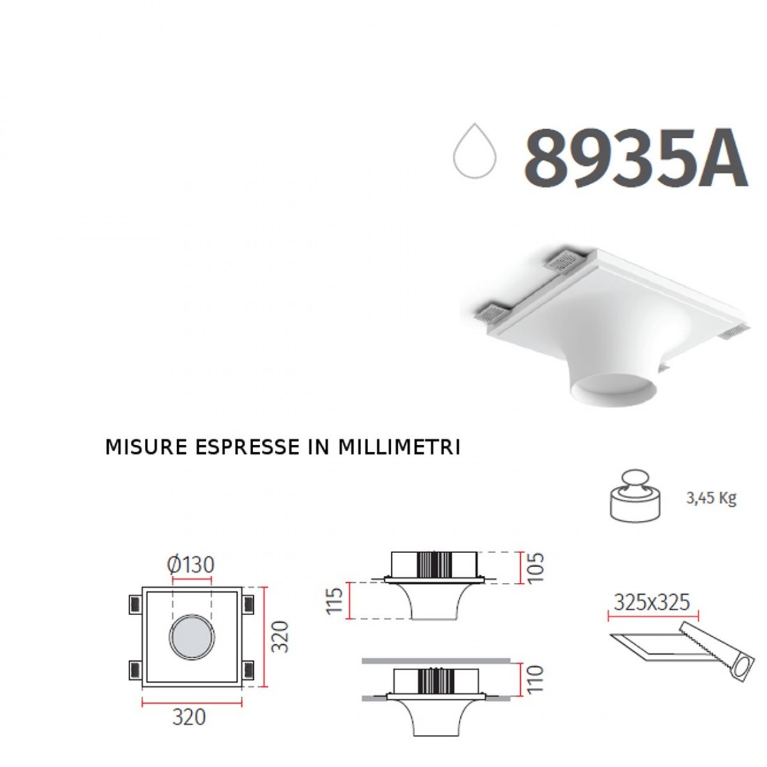 Faretto incasso BF-8935A 3009 LED 26W 3300LM WIRELESS gesso bianco verniciabile scomparsa interno IP20/IP44