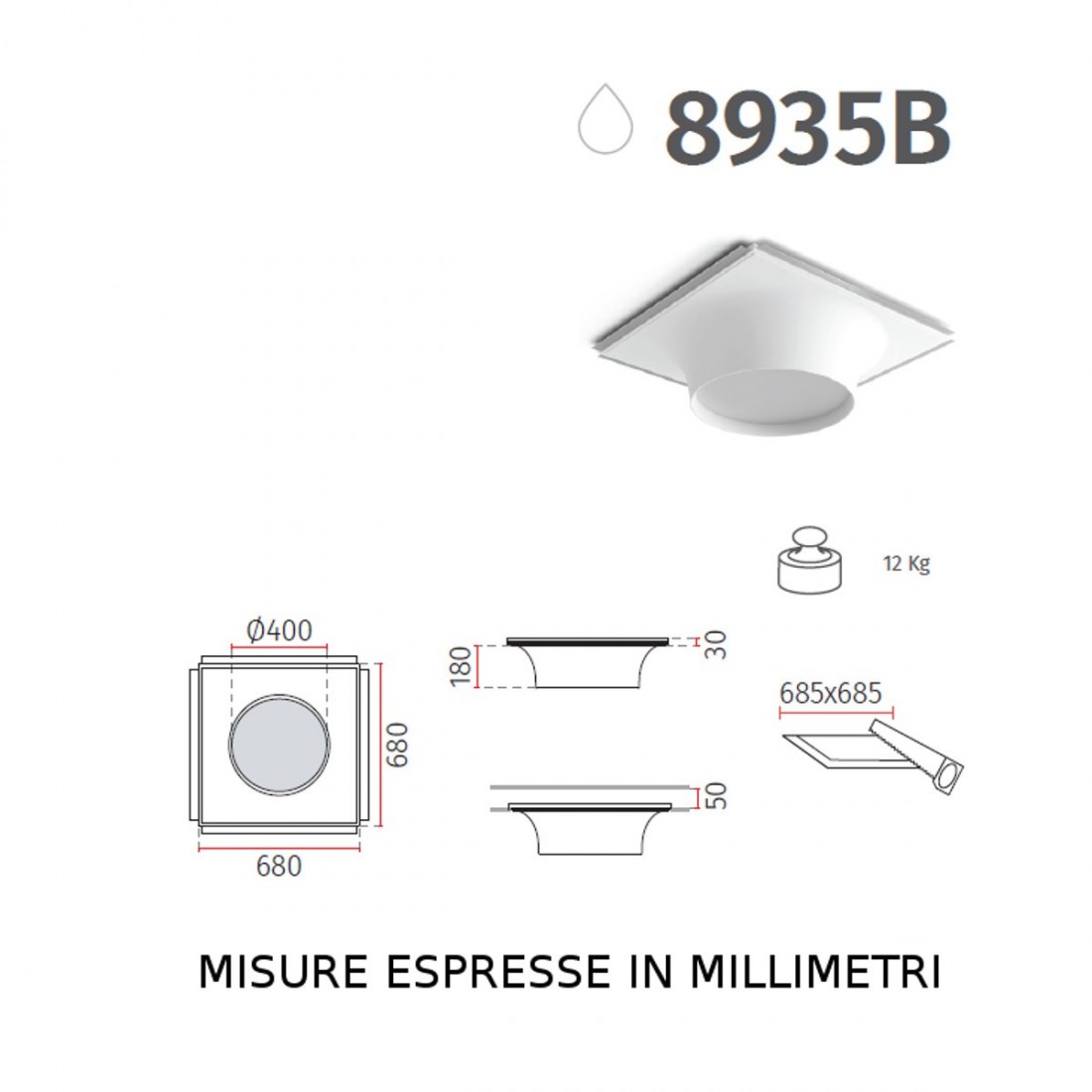 Spot encastré BF-8935B LED 52W 6000LM SANS FIL enduit blanc à peindre carré intérieur IP20 / IP44