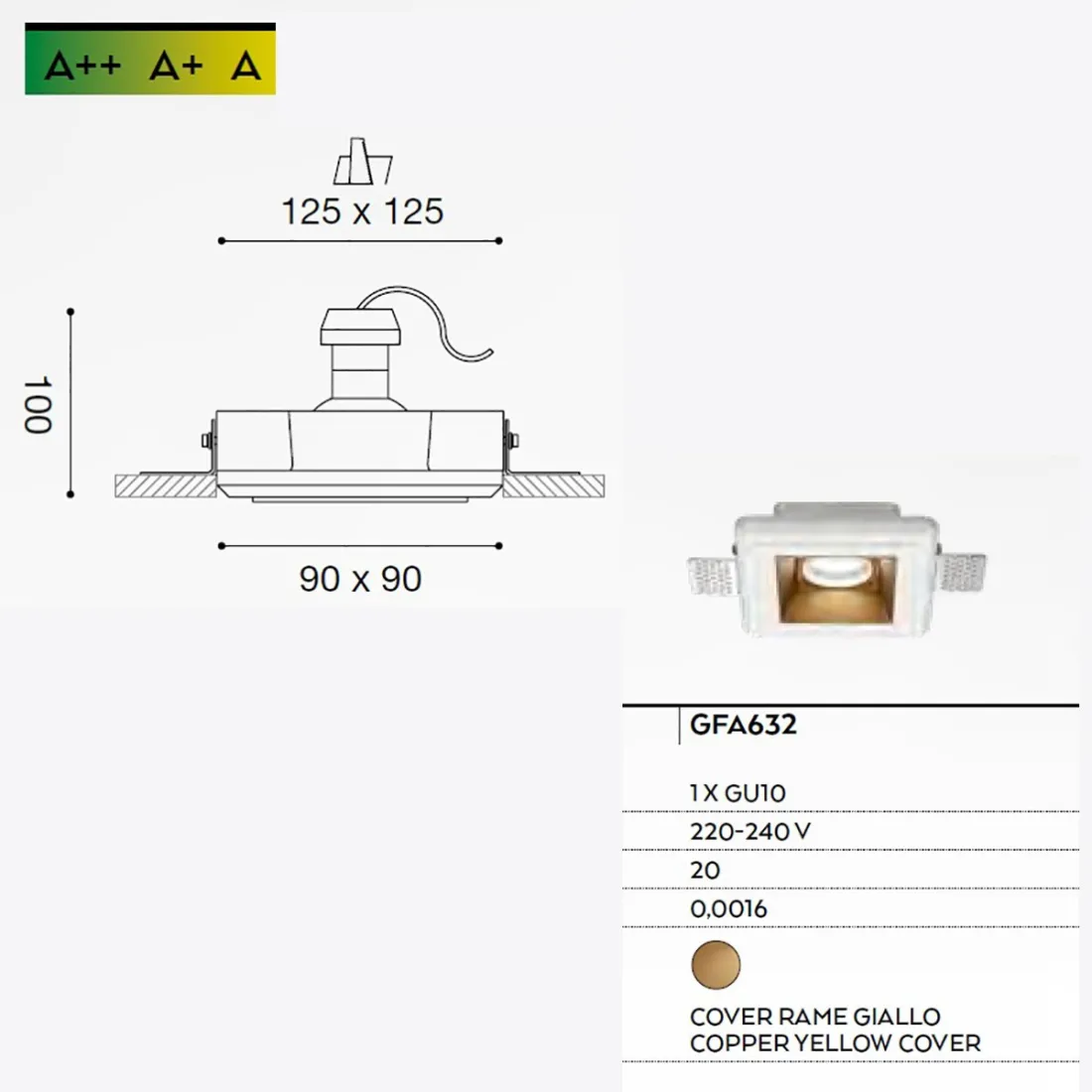 Faretto incasso GE-GFA632 classico gesso lampada incasso soffitto quadrata rame giallo interno