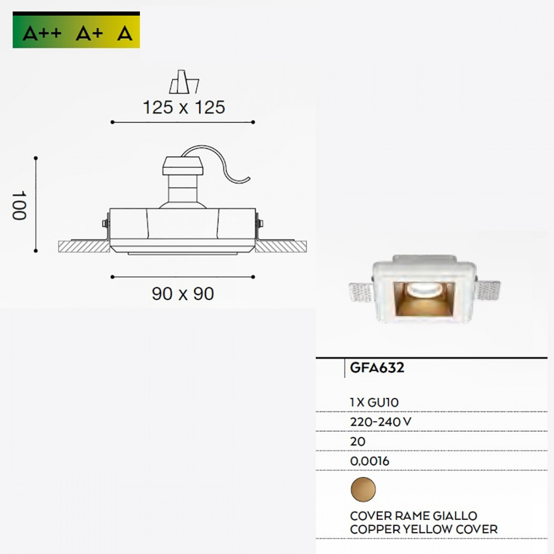 Faretto incasso GE-GFA632 classico gesso lampada incasso soffitto quadrata rame giallo interno