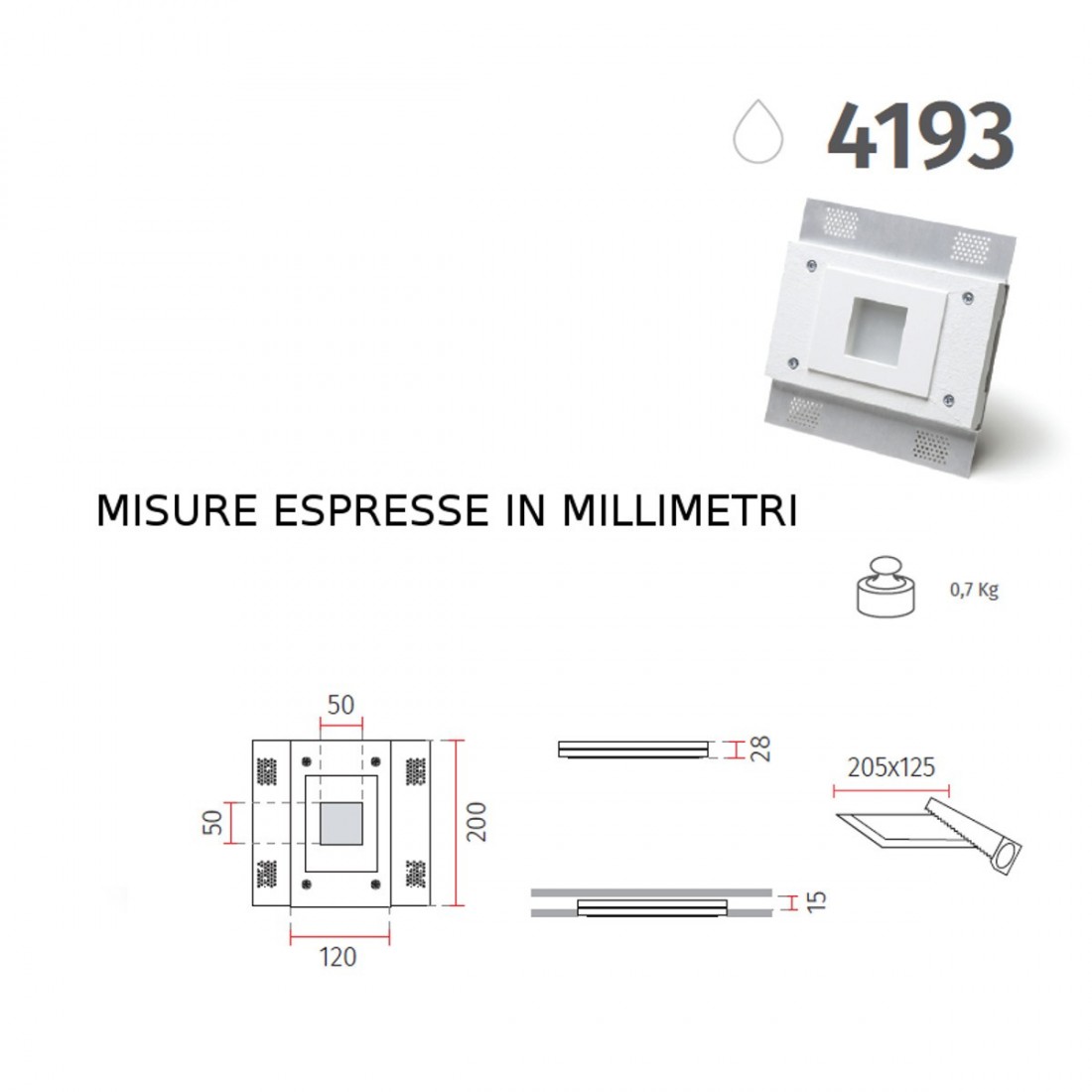 Spot encastré BF-4193 LED 6.5W 850LM SANS FIL plâtre blanc plaque de plâtre rectangulaire à peindre IP20 / IP44