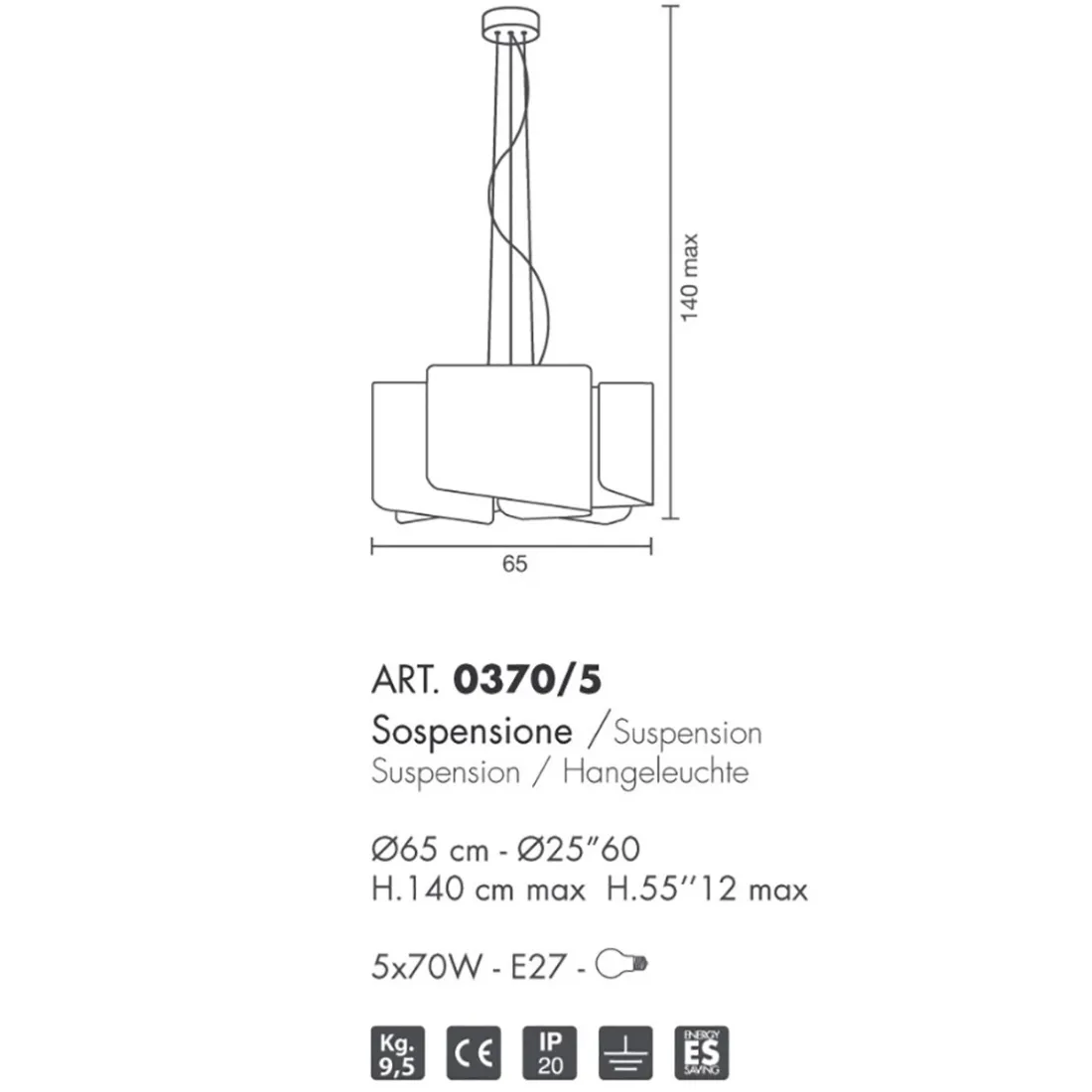 Lampadario PAPIRO 0370 5 Selene illuminazione
