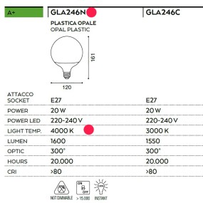 Lampadina Gea Led GLA246N 20W E27 LED 1600LM 12CM 4000°K 300° plastica sfera globo bianco luce naturale luce diffusa interno