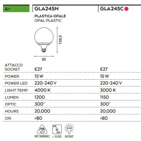 Gea Led Glühbirne GLA245C 15W E27 LED 1150LM 9.5CM 3000 ° K 300 ° Kunststoffkugel Globus weißes warmes diffuses Innenlicht