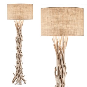 Lampadaire à branches en bois naturel et chapeau en tissu noisette. LED