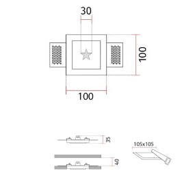 Quadratischer Einbaustrahler mit 4251A Stern in weißer Gips-LED