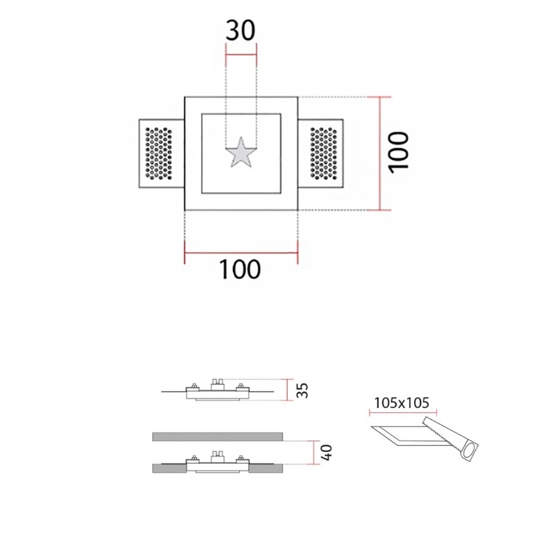 Quadratischer Einbaustrahler mit 4251A Stern in weißer Gips-LED