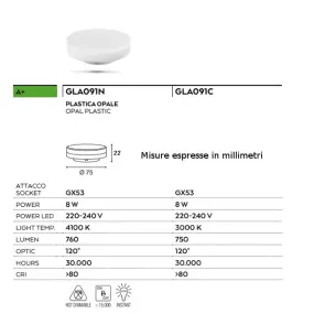 Lampadina a led 8W attacco baionetta Gx53 GLA091C GLA091N Gea Led
