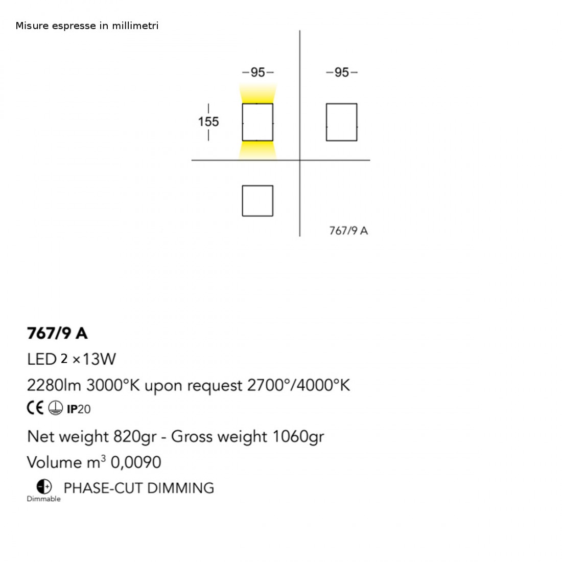 Applique murale LED moderne CUBICK 767 9A Cattaneo lighting