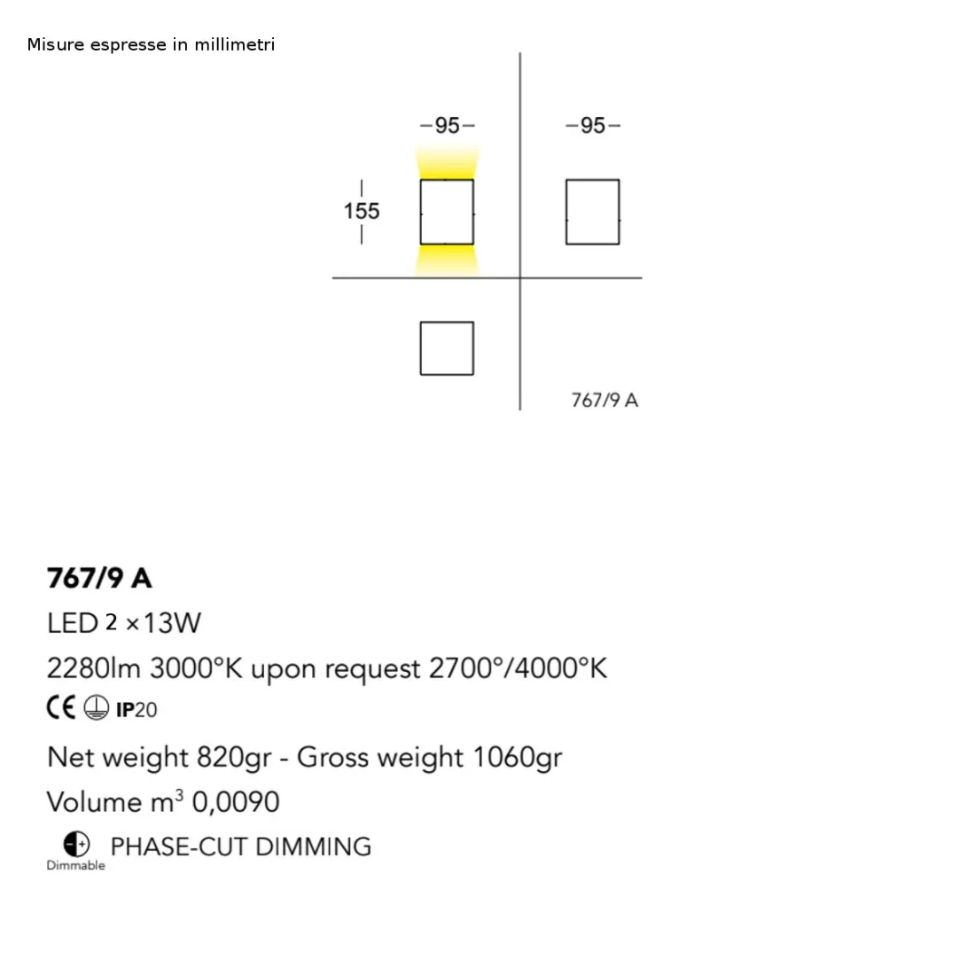 Applique murale LED moderne CUBICK 767 9A Cattaneo lighting