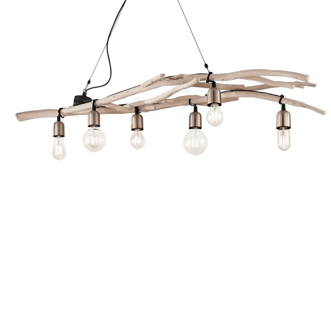Suspension avec branches en bois naturel et chapeau en tissu noisette.