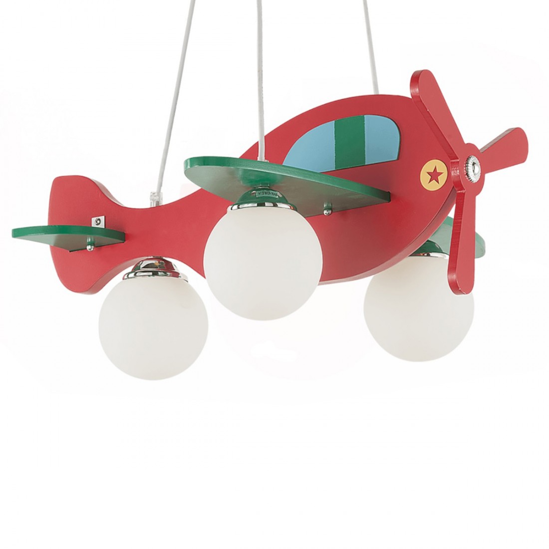 Roter und grüner Holzhubschrauber für Kinderzimmer.