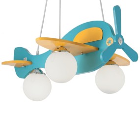 Hélicoptère en bois bleu et jaune pour chambre d'enfant.