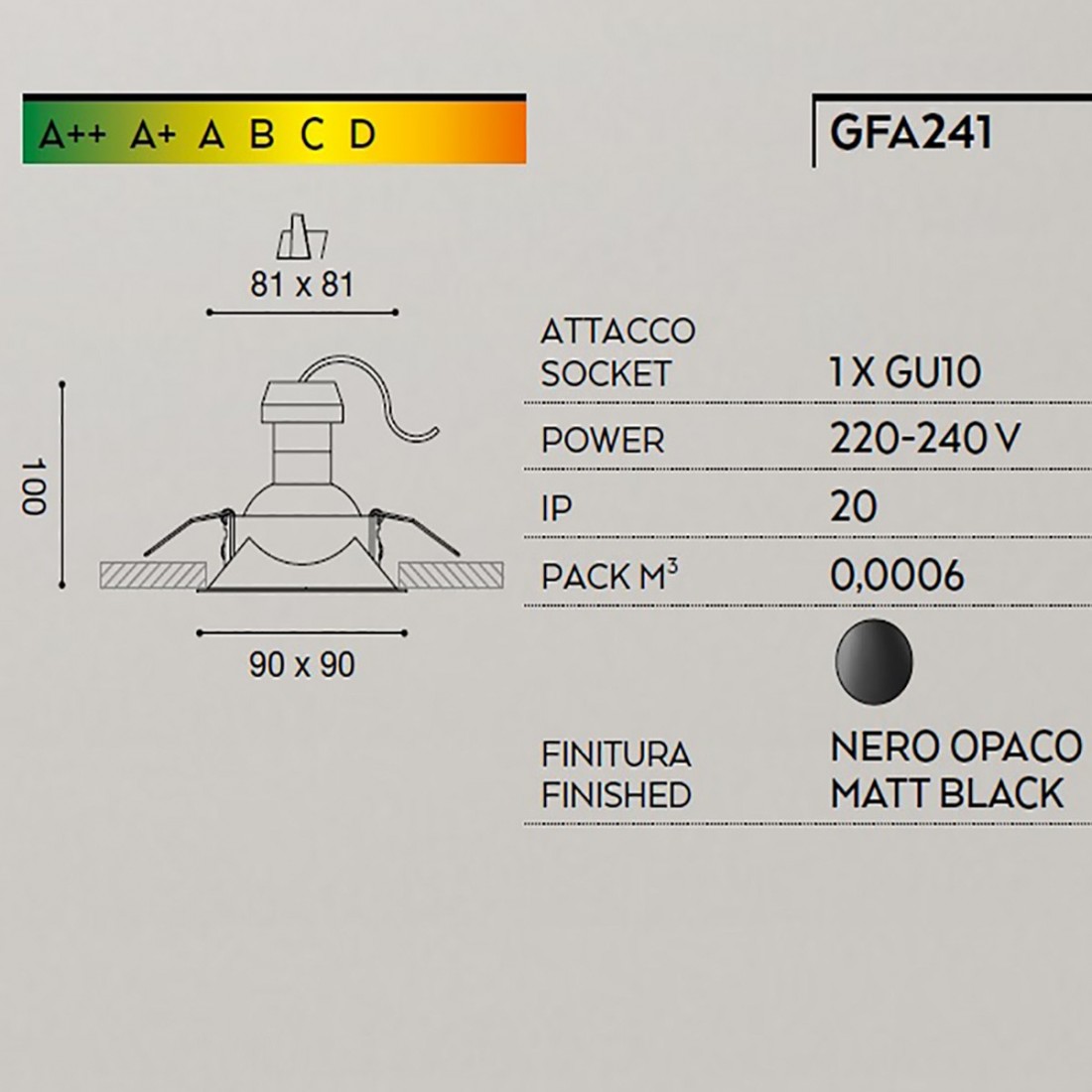 Faretto incasso GE-GFA241 GU10 7W LED IP20 orientabile alluminio nero opaco spot direzionabile cartongesso quadrato interno