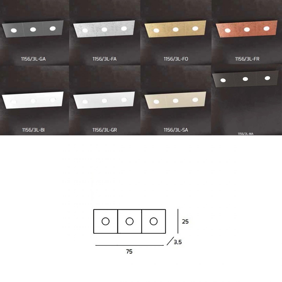 Deckenleuchte, Wandleuchte, quadratisch, rechteckig, 3 Lichter aus Metall. LED.