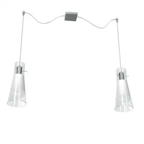 Zweiflammige Pendelleuchte aus weißem und transparentem, glänzendem Kegelglas. LED.