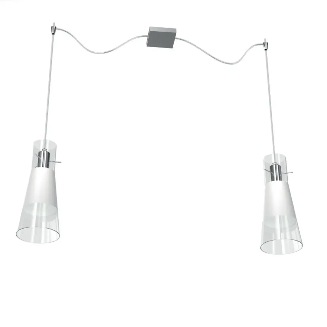 Zweiflammige Pendelleuchte aus weißem und transparentem, glänzendem Kegelglas. LED.
