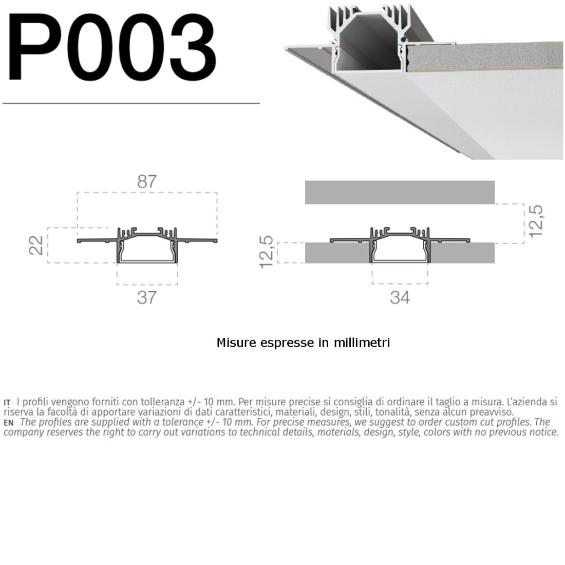 Profil d'encastrement 9010 Belfiore P003B pour plaque de plâtre pour bande  led.