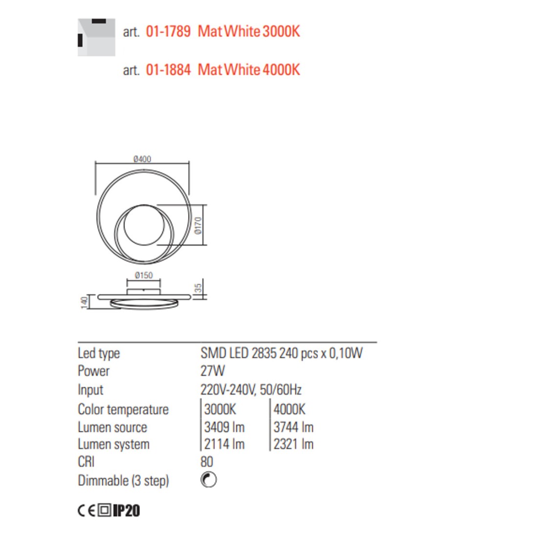 Applique murale moderne Redo 1789 avec cercle blanc à led dimmable