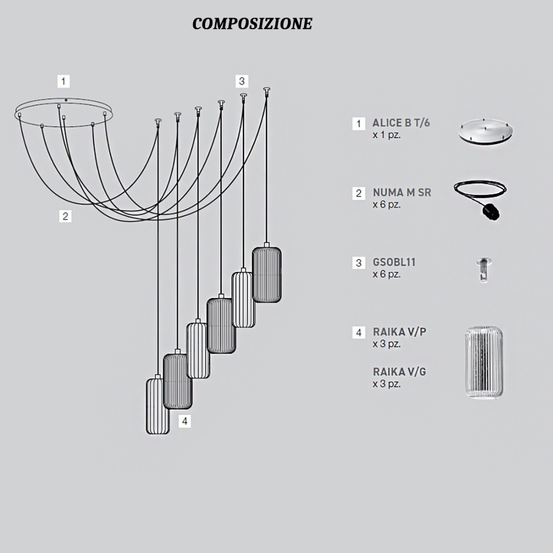 Gea Luce RAIKA BT6 NE suspension en verre multicolore