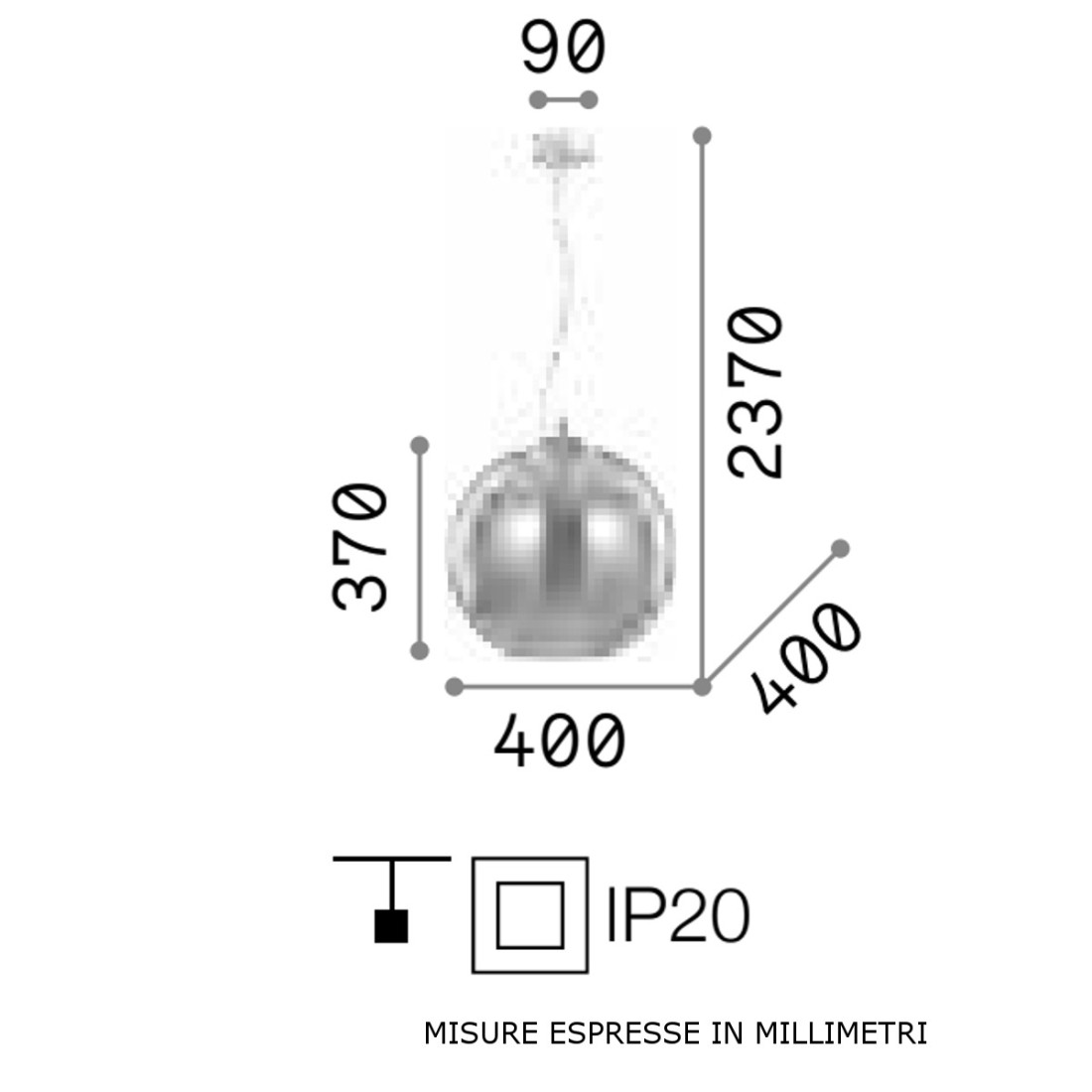 Aufhängung in transparentem Glas, Fassung E27 max. 60W.