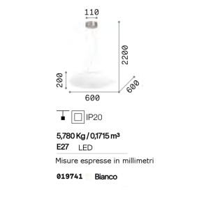 Lustre rond en verre blanc 5 lumières E27 max 60W.