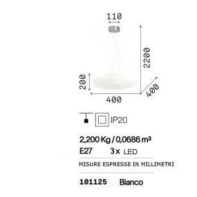 Lustre rond en verre blanc 3 lumières E27 max 60W.