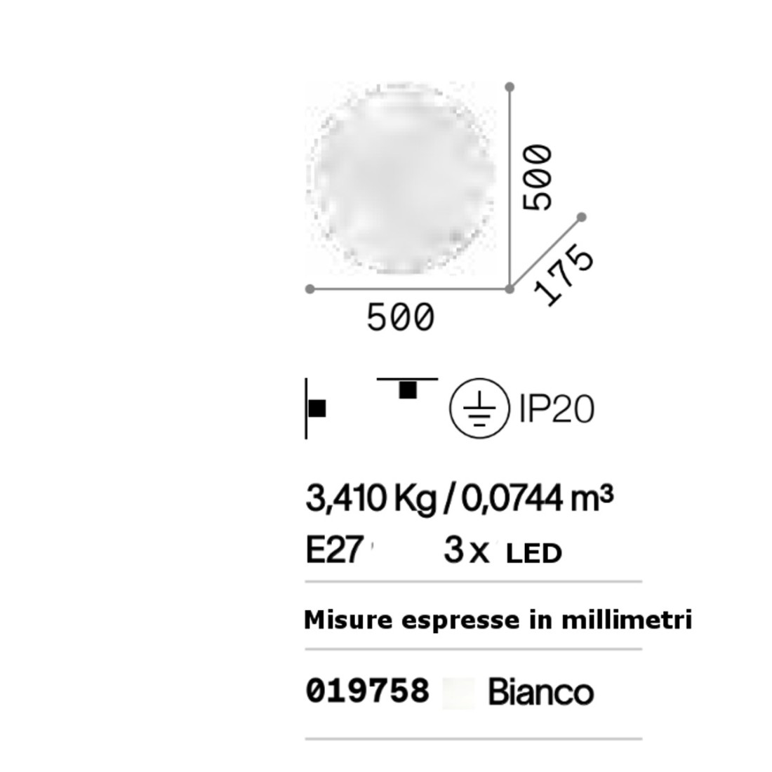 Plafonnier simple, verre blanc, trois lumières E27 max. 60W.