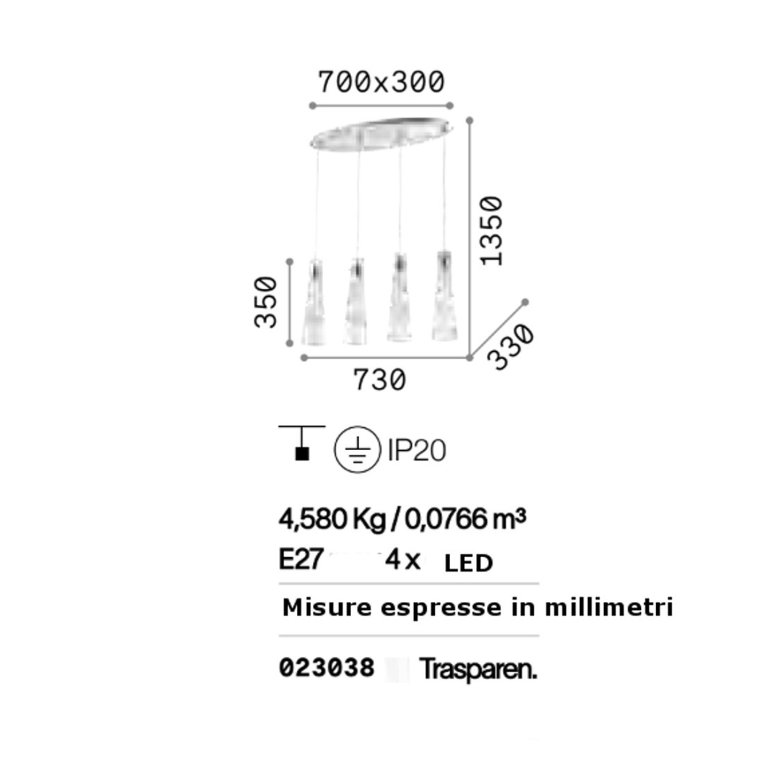 Moderner Glaskronleuchter 4 Lichter E27 max. 60W.