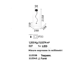 Klassische Aufhängung aus transparentem Glas mit E27-Fassung bis 60W.
