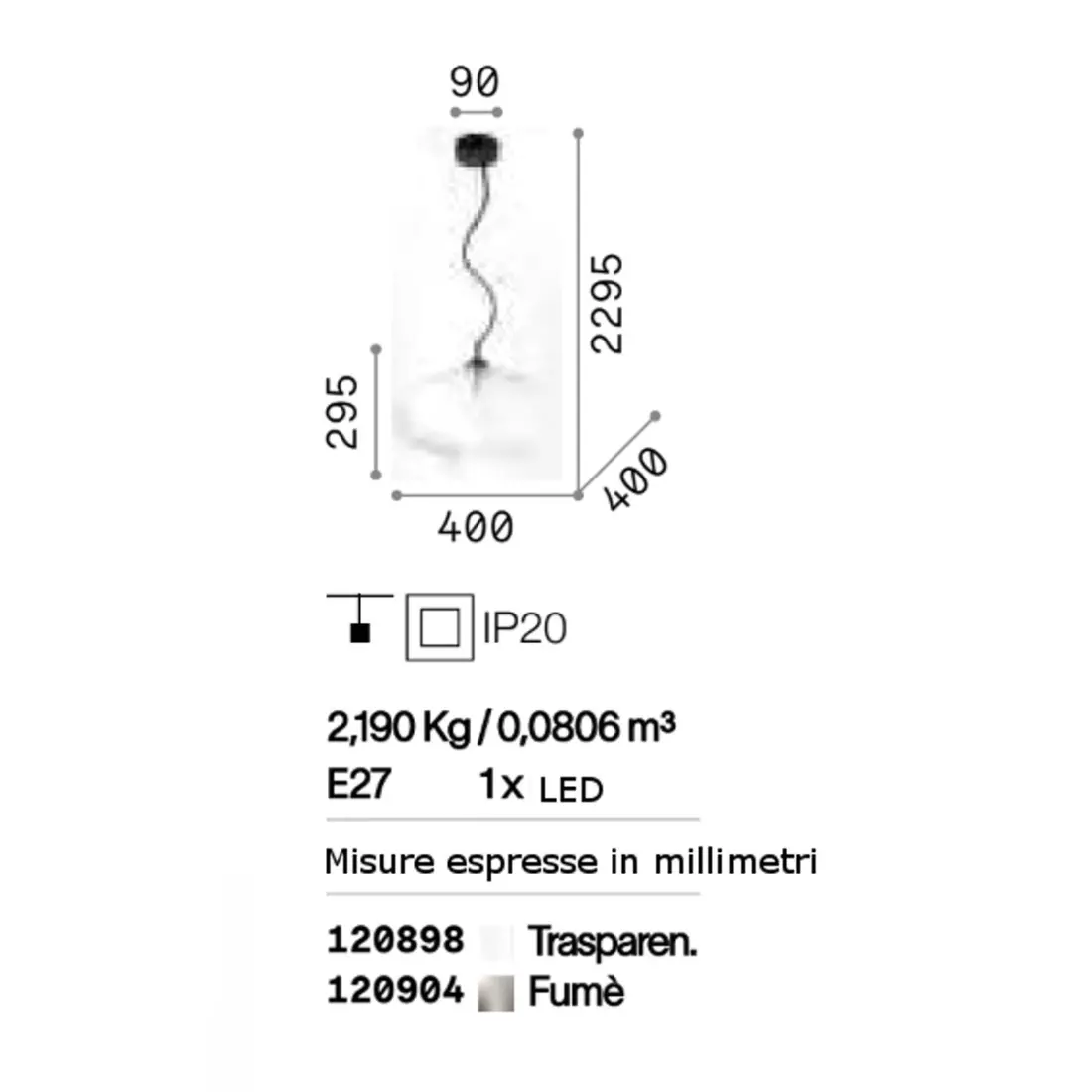 Suspension moderne en verre clair avec culot E27 max. 60W.