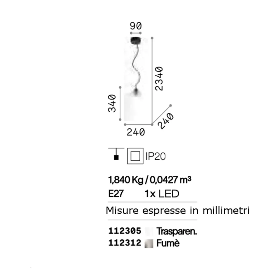 Suspension classique en verre transparent avec culot E27 60W max.
