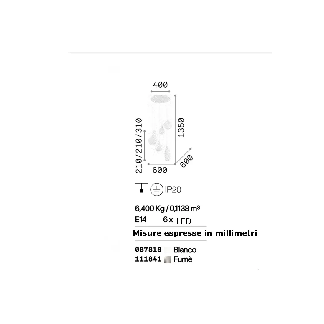 Lustre moderne en verre blanc ou fumé 6 lumières E14 max. 40W.