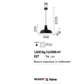 Klassische Pendelleuchte aus Kupfermetall mit E27 Fassung max. 60W.