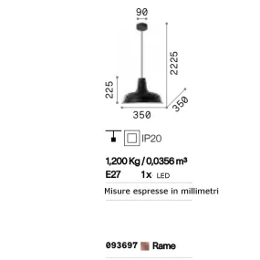 Klassische Pendelleuchte aus Kupfermetall mit E27 Fassung max. 60W.