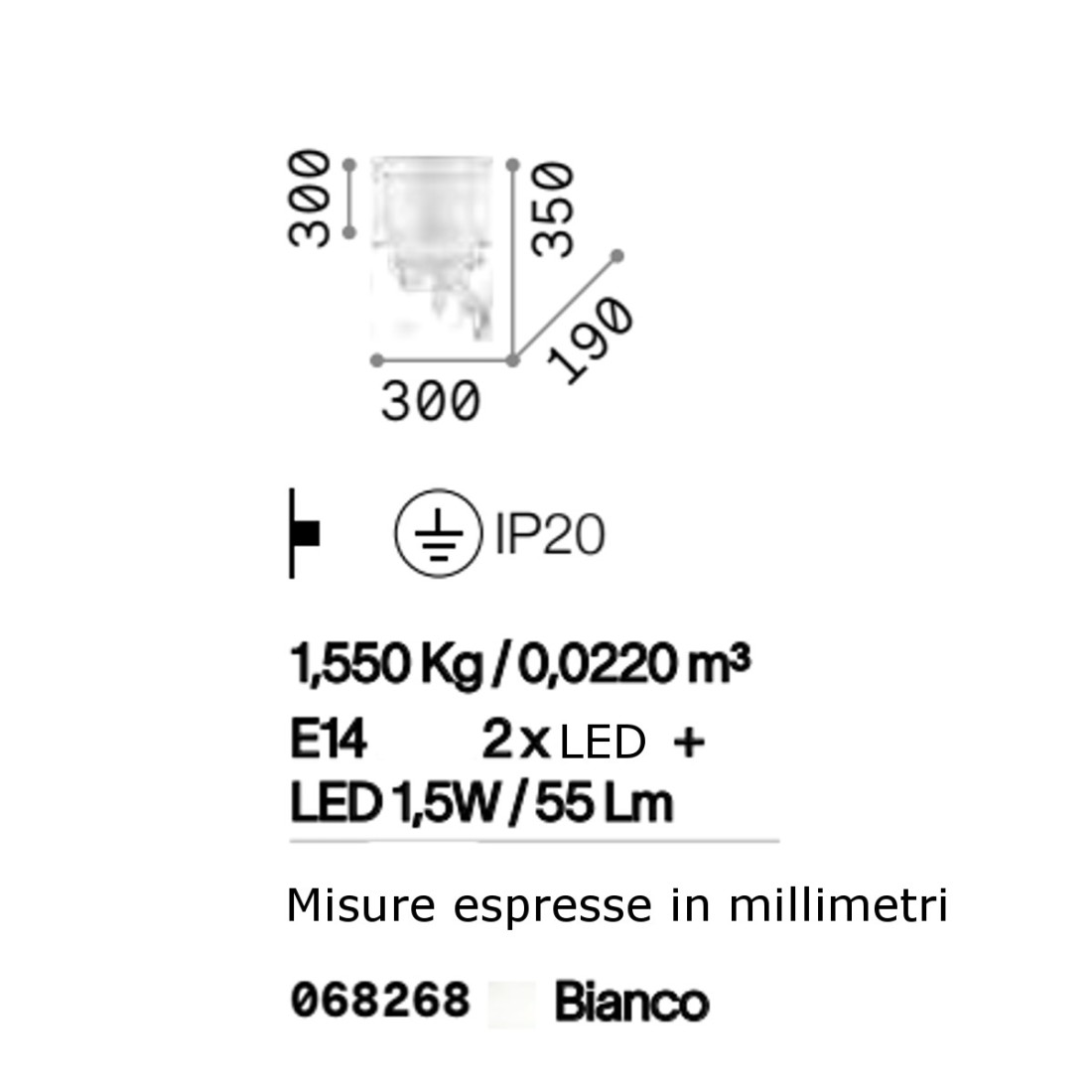 Applique moderne 2 lumières E14 max. 40W +1 led 1W intégrée.