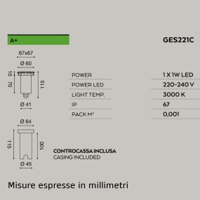 Faretto incasso acciaio Gea Led SHALLY GES221C IP67 MODULO LED incasso terra quadrato calpestabile